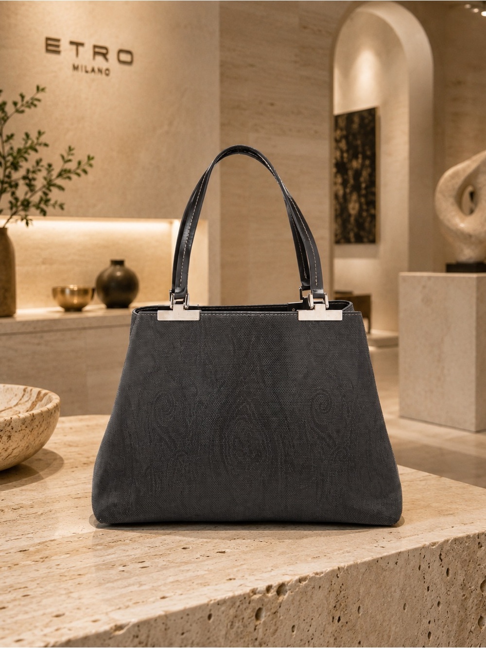 Etro Canvas Gray Paisley Top Handle Bag – Black/Charcoal